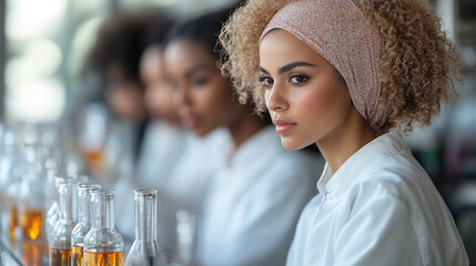 Focused scientist in a lab, surrounded by colleagues and beakers, highlighting collaboration and innovation in research.