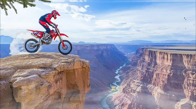 A dirt biker on the edge of a cliff in a dramatic canyon setting, surrounded by nature. Seamless loop video background