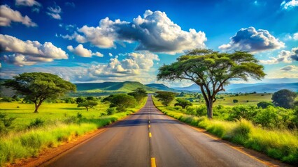 A stunning African road stretches across a vibrant green landscape, kissed by a bright blue sky, creating an