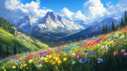 Fototapeta premium A mountain range covered in colorful wildflowers in spring