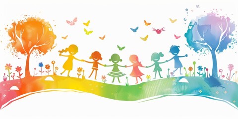 Fototapeta premium A colorful painting of children holding hands in a field with trees and flowers