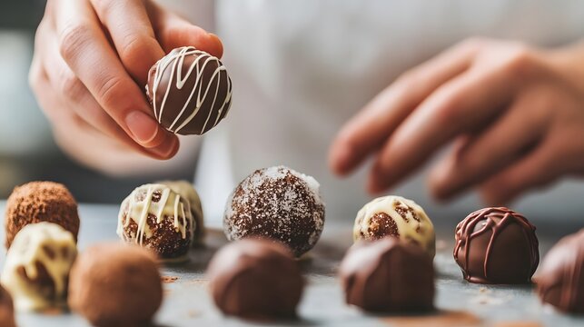 Close-up of a hand arranging various chocolate truffles decorated with drizzles and toppings, showcasing gourmet dessert preparation.
