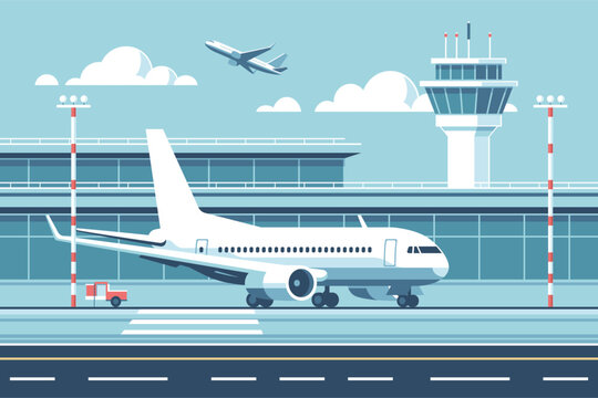 Airport with an airplane on the runway. Vector illustration in minimalistic style.