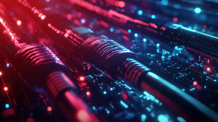 High tech fiber optic cables illuminated in vibrant red and blue lights, showcasing their intricate design and connectivity. image conveys sense of advanced technology and speed