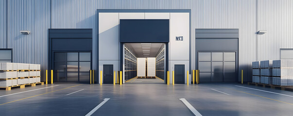 "Empty Loading Dock of Modern Warehouse with Open Bay Doors"