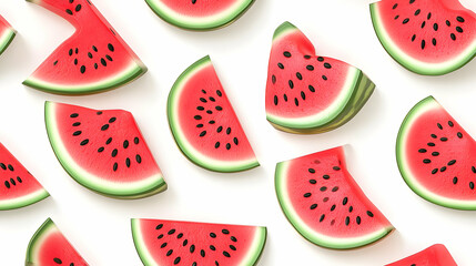 3D Cartoon Style Watermelon Slice Tiles - Vibrant Pink & Green Seamless Pattern for Playful Yalda Night Background, Isolated Icon on White