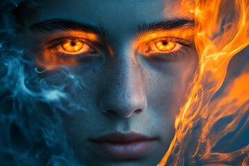 Fototapeta premium Fair-Skinned Young Person Wrapped in Semi-Transparent Fabric, Fire in Background