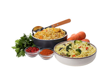 PNG, plate with pilaf and ingredients, isolated on white background.