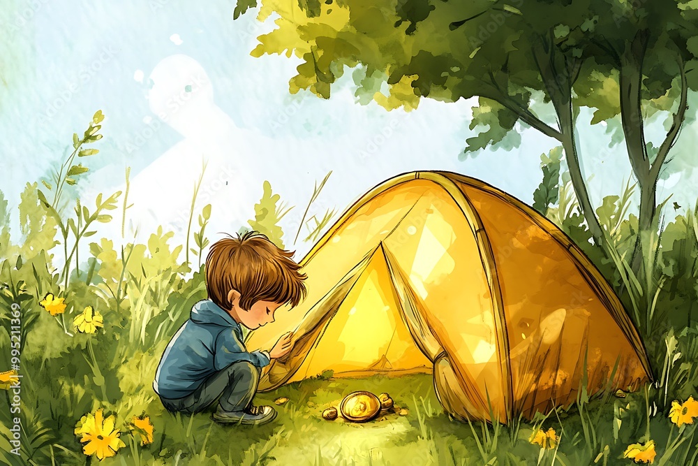 Wall mural A Young Boy Exploring the Outdoors with His Tent.