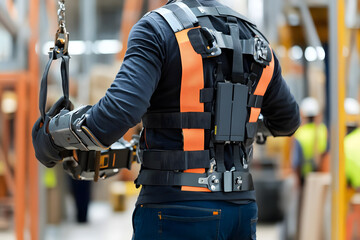 "Worker Wearing Powered Exoskeleton Suit for Heavy Lifting in Warehouse"