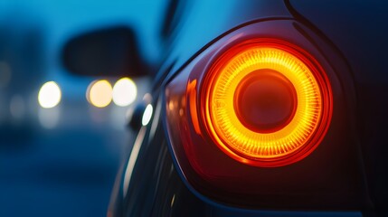 Close up shot of a blinking orange indicator light from a vehicle s dashboard with the glowing brightly against a minimalistic background