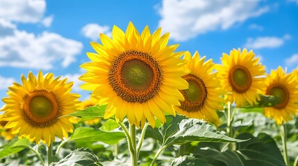 Fototapeta premium A vibrant field of sunflowers stands under a bright blue sky, showcasing their large yellow petals and distinctive circular centers.