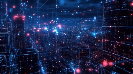 Obraz premium Night cityscape with illuminated web network and blockchain technology connecting people online . Concept Cityscape, Illuminated, Web Network, Blockchain Technology, Online Connectivity