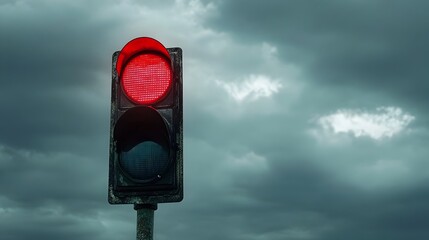 Close up View of a Blinking Red Stoplight Suspending Against a Cloudy Atmospheric Sky in an Urban Environment