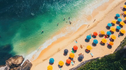 A panoramic view of a colorful beach with umbrellas and sunbathers