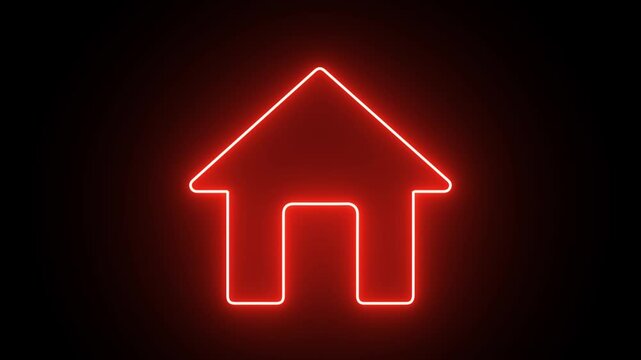 Hut icon glowing red light on black background. House icon neon glowing light on black background. Neon home button icon animation.
