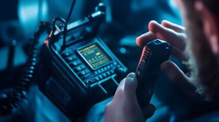 Close up view of a handheld walkie talkie device highlighting its buttons screen and overall functionality for communication coordination and emergency response applications