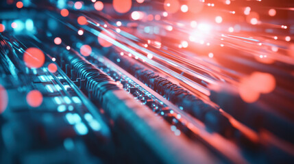 Futuristic digital technology with glowing lines and particles creates vibrant atmosphere, representing advanced data transmission and connectivity