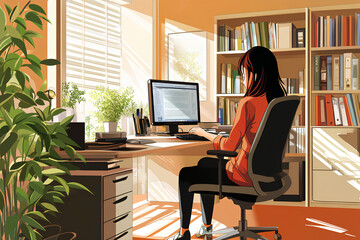 Female interior designer working in office, anime style