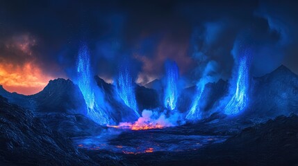 A panoramic view of blue lava fountains erupting into the night sky