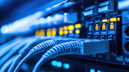High tech network cables connected to server, showcasing modern data center with vibrant blue lighting. intricate setup highlights importance of connectivity in automated industries