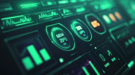 Fototapeta premium 3D Digital dashboard of CO2 level gauge percentage drop down to 0. Net Zero Emissions by 2050 policy animation concept illustration, green renewable energy technology for clean future environment