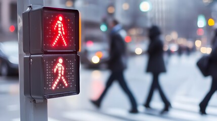 Close up view of an illuminated crosswalk signal displaying the countdown timer and the iconic walkdon t walk symbols providing guidance and safety for pedestrians in an urban setting