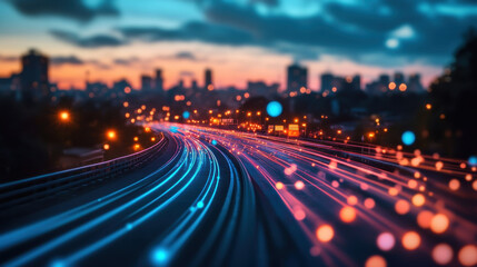 Fototapeta premium vibrant cityscape at dusk showcases dynamic light trails from moving vehicles, creating sense of motion and energy. blurred skyline adds depth to scene, enhancing urban atmosphere