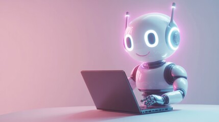 Cute friendly artificial intelligence robot using laptop computer with blue neon glow light, chatbot and AI assistant concept futuristic technology 3d illustration, banner