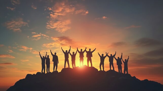 Silhouette back group of man team celebrating success on top mountain, sky and sunset background. Business, teamwork, achievement and person concept. Vector illustration.
