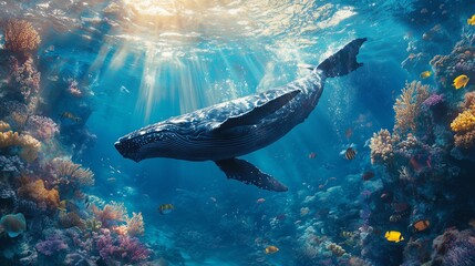 Fototapeta premium A whale glides through the ocean, surrounded by coral reefs and colorful fish, creating an underwater paradise.