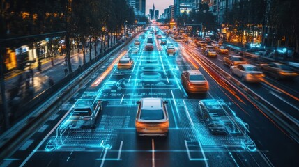 Smart transport technology concept for future car traffic on road . Virtual intelligent system makes digital information analysis to connect data of vehicle on city street