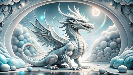 Fototapeta premium Majestic white dragon with wings posing in a surreal landscape under a full moon