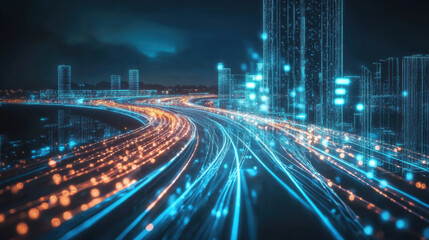 Fototapeta premium image depicts futuristic cityscape with glowing fiber optic lines representing data flow and connectivity. vibrant colors and dynamic movement evoke sense of technological advancement and
