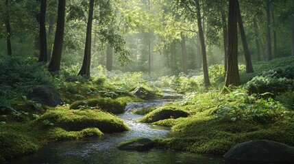 Fototapeta premium A peaceful glade with a gentle stream and soft moss underfoot