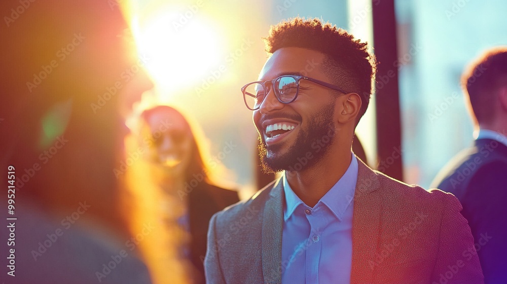 Poster Happy Man Smiling in Bright Light at Social Event