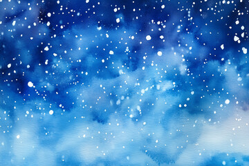 Obraz premium Watercolor blurred abstract background. Dark blue background with white splashes. Snowfall, winter. Night sky with stars. Background for a Christmas card. 