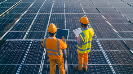 "Engineers Analyzing Solar Panels Performance with Digital Devices"