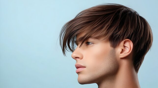 Closeup of a neatly styled side swept fringe hairstyle with the front and sides meticulously groomed and the back cleanly tapered for a sophisticated polished look