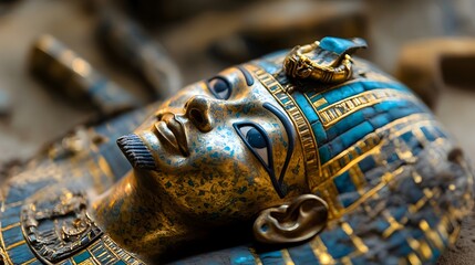Closeup of an Exquisitely Carved Pharaoh s Burial Mask Adorned with Luminous Gold and Vibrant Turquoise Inlays Reflecting the Grandeur and Reverence of Ancient Egyptian Funerary Traditions