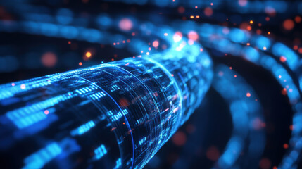 vibrant blue and orange lights represent flow of data through fiber optic cables, showcasing low latency and high speed capabilities of modern technology