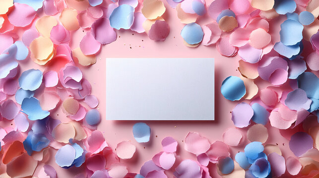 Colorful confetti on a blank card for holiday party invitations and announcements.