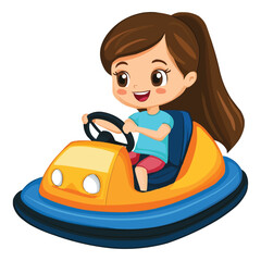 A cute cartoon girl driving an amusement park bumper car