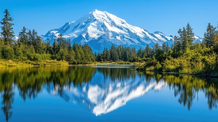 A peaceful scene of a snow-capped mountain reflected in a calm lake