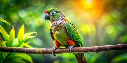 Obraz premium Bright green cheek conure perches on a branch, embraced by dense greenery, embodying the beauty and vibrancy of