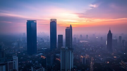 Fototapeta premium Skyscrapers at Sunset Over a Hazy Cityscape