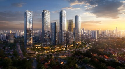 Obraz premium Modern Skyscrapers in an Urban Cityscape at Sunset