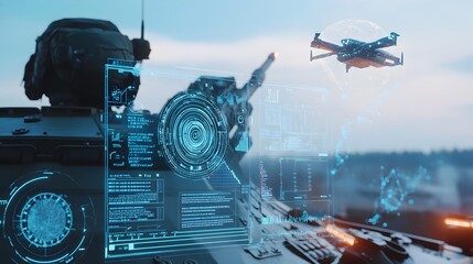Conceptual image showcasing an AI driven anti drone system integrated onto a tank featuring digital displays control interfaces