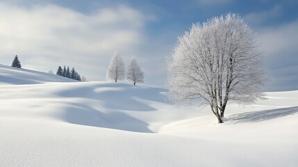 Obraz premium A peaceful snow-covered landscape with gentle hills and trees