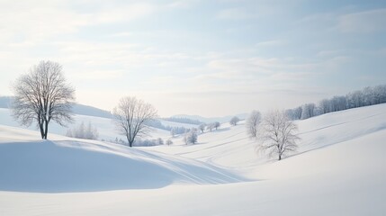 A peaceful snow-covered landscape with gentle hills and trees